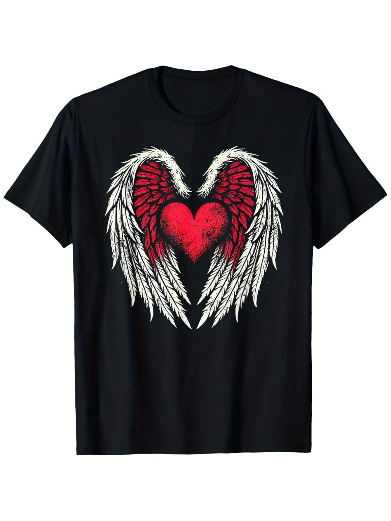 Men's Graphic T-Shirt Crimson Heart With White Angels Wings Surrounded By Dark Mystical Shadows