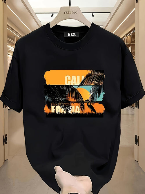 Men's Graphic T-Shirt California Sunset Palms With Silhouetted Leaves And Summer Skyline