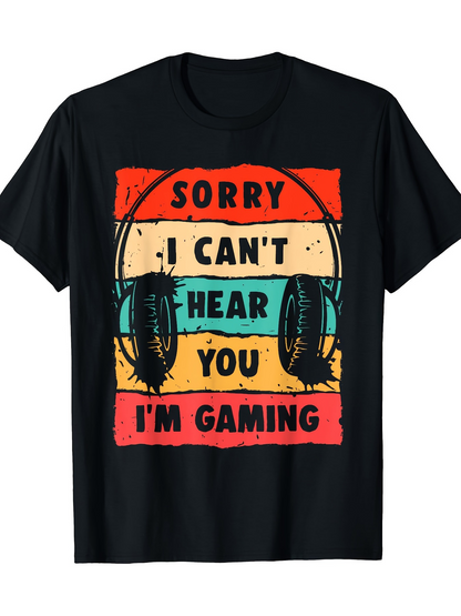 Men's Graphic T-Shirt Sorry I Cant Hear You Retro Color Blocks With Headphones Gaming