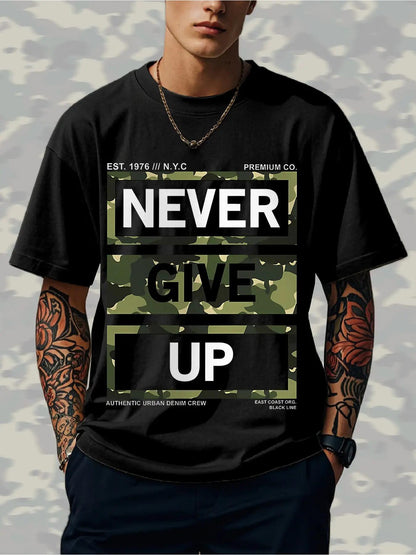 Men's Graphic T-Shirt Never Give Up Urban Camo Blocks With Inspirational Bold Lettering T Shirt