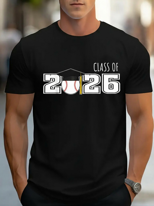 Men's Graphic T-Shirt Class Of 2026 With Graduation Cap Baseball Ball And Bold Letters