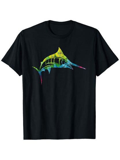 Men's Graphic T-Shirt Vibrant Yellow Blue Strokes Accenting Sleek Majestic Swordfish Centerpiece Graphic Swordfish