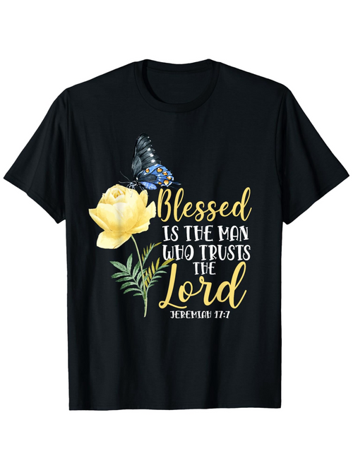 Men's Graphic T-Shirt Blessed Is The Man Who Trusts The Lord With Yellow Flower And Blue Butterfly