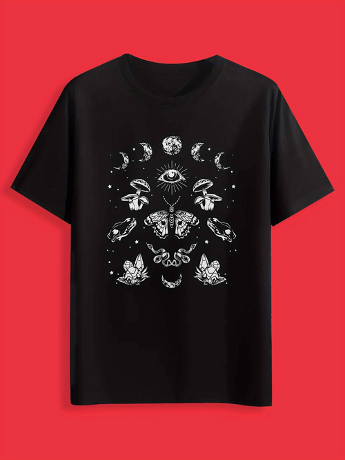 Men's Graphic T-Shirt Mystic Moths Surrounded By Crescent Moons And All Seeing Eye