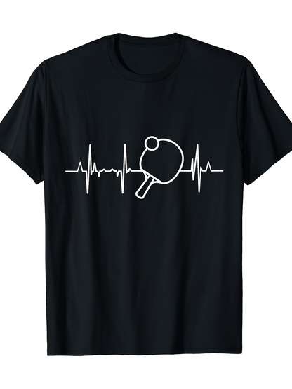 Men's Graphic T-Shirt Heartbeat Line With Minimalist Racket And Ping Pong Paddle