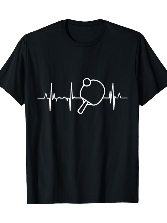 Men's Graphic T-Shirt Heartbeat Line With Minimalist Racket And Ping Pong Paddle