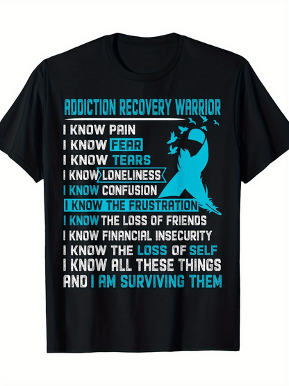 Men's Graphic T-Shirt Addiction Recovery Warrior Surviving Through Pain And Challenges With Awareness Ribbon