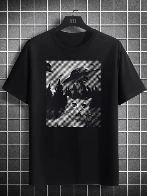 Men's Graphic T-Shirt Cute Cat In Mysterious Forest With Spaceships Flying Overhead