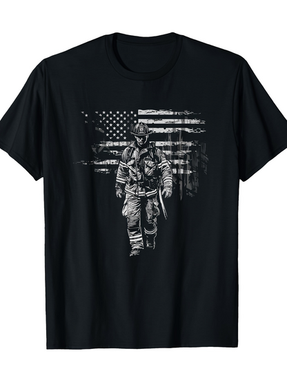 Men's Graphic T-Shirt Vintage American Flag With Brave Soldier Walking Under Distressed Lines