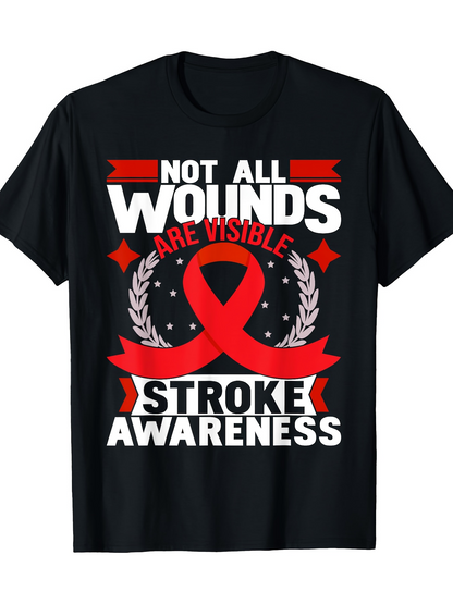 Men's Graphic T-Shirt Not All Wounds Are Visible With Red Ribbon Stars And Laurel Wreath Stroke Awareness
