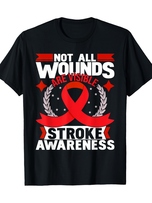 Men's Graphic T-Shirt Not All Wounds Are Visible With Red Ribbon Stars And Laurel Wreath Stroke Awareness