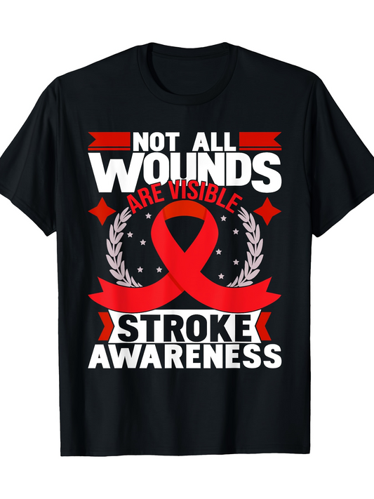 Men's Graphic T-Shirt Not All Wounds Are Visible With Red Ribbon Stars And Laurel Wreath Stroke Awareness