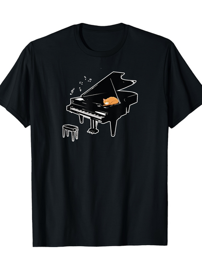 Men's Graphic T-Shirt Sleeping Cat With Musical Notes On Grand Piano