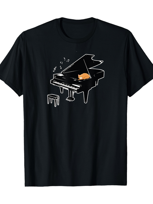 Men's Graphic T-Shirt Sleeping Cat With Musical Notes On Grand Piano