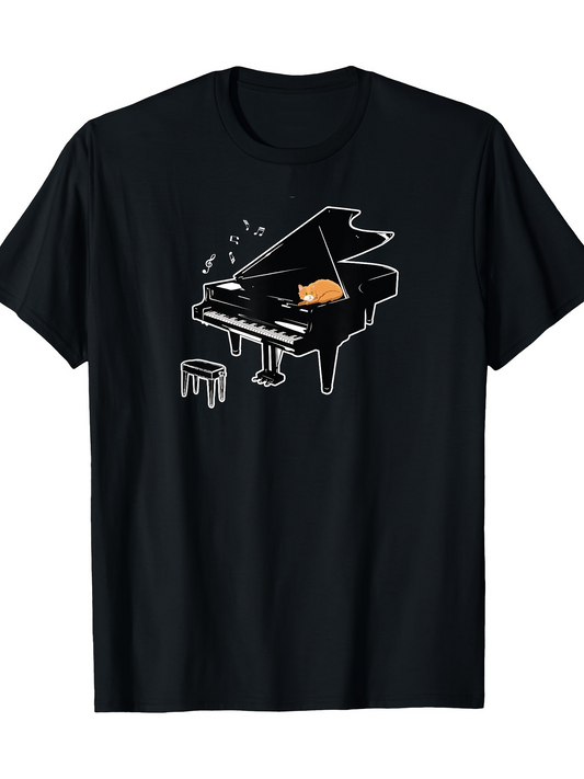 Men's Graphic T-Shirt Sleeping Cat With Musical Notes On Grand Piano