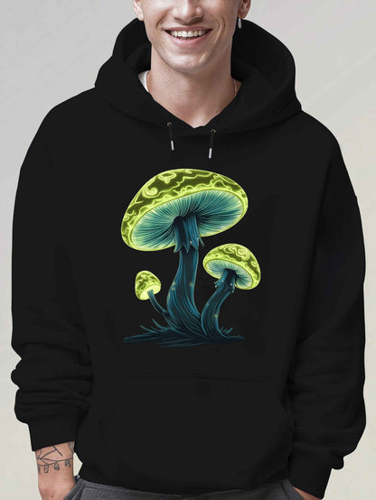 Men's Graphic Hoodie Luminous Green Glow Under Moonlight Featuring Three Mushrooms