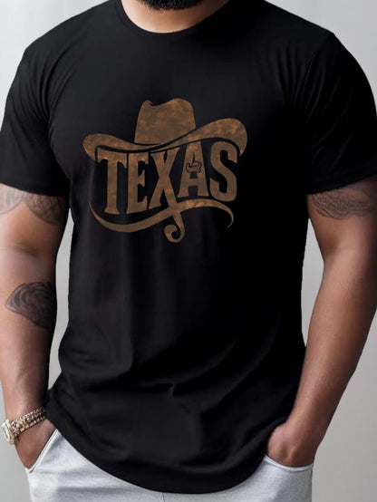 Men's Graphic T-Shirt Vintage Cowboy Hat Silhouette Over Bold Lettered Texas Text