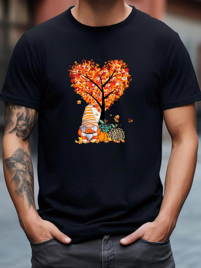 Men's Graphic T-Shirt Golden Autumn Leaves With Pumpkin Gnome Under Heart Shaped Tree