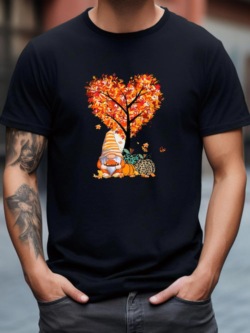 Men's Graphic T-Shirt Golden Autumn Leaves With Pumpkin Gnome Under Heart Shaped Tree