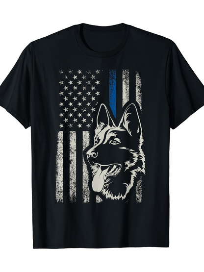 Men's Graphic T-Shirt Vintage American Flag With Blue Stripe And Loyal Police Dog
