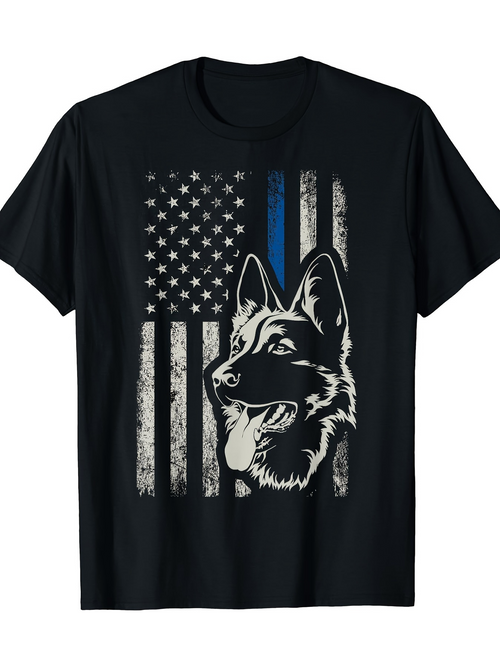 Men's Graphic T-Shirt Vintage American Flag With Blue Stripe And Loyal Police Dog