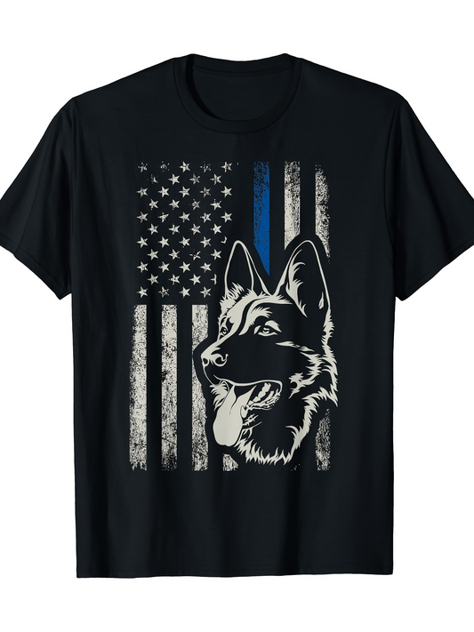 Men's Graphic T-Shirt Vintage American Flag With Blue Stripe And Loyal Police Dog