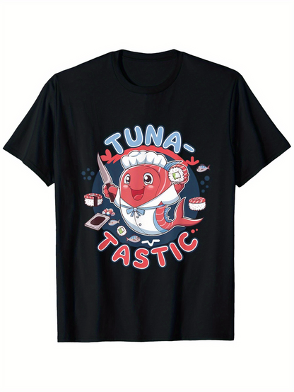 Men's Graphic T-Shirt Tuna Tastic With Cartoon Chopsticks Sushi Slices And Smiling Tuna