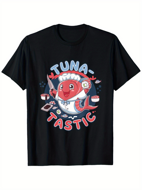 Men's Graphic T-Shirt Tuna Tastic With Cartoon Chopsticks Sushi Slices And Smiling Tuna
