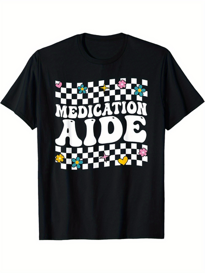 Men's Graphic T-Shirt Medication Aide Playing With Retro Checkered Flowers Under Black Sunlight T Shirt