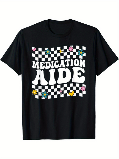 Men's Graphic T-Shirt Medication Aide Playing With Retro Checkered Flowers Under Black Sunlight T Shirt