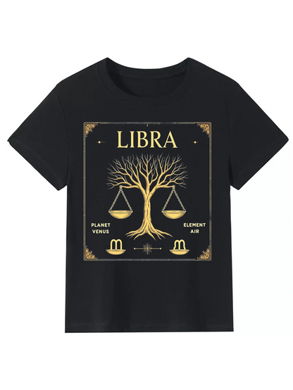 Men's Graphic T-Shirt Libra Golden Tree With Balancing Scales Surrounded By Zodiac Signs