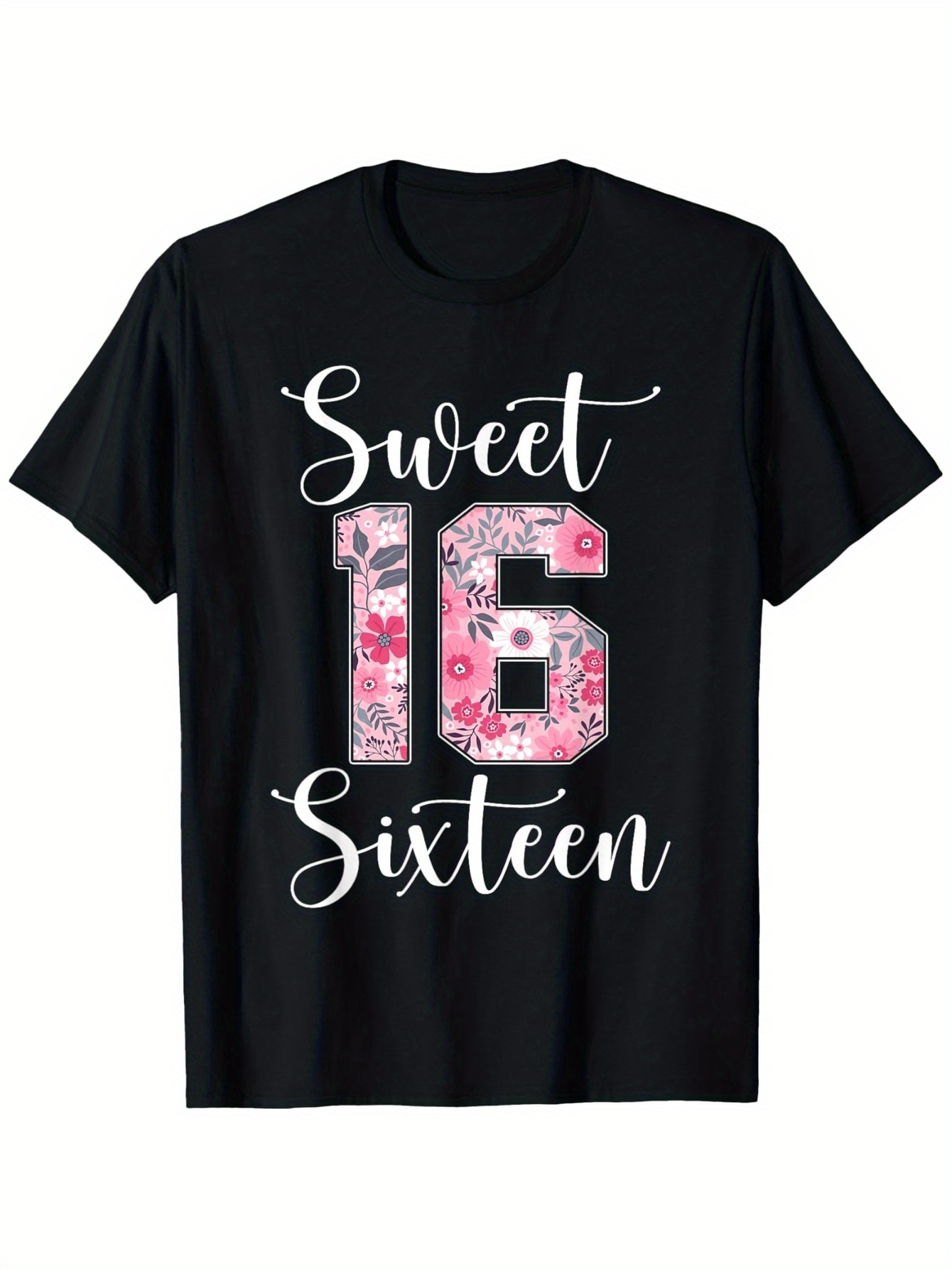 Men's Graphic T-Shirt Sweet Sixteen Pink Floral Pattern With Decorative Numbers Celebration