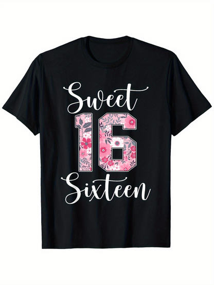 Men's Graphic T-Shirt Sweet Sixteen Pink Floral Pattern With Decorative Numbers Celebration