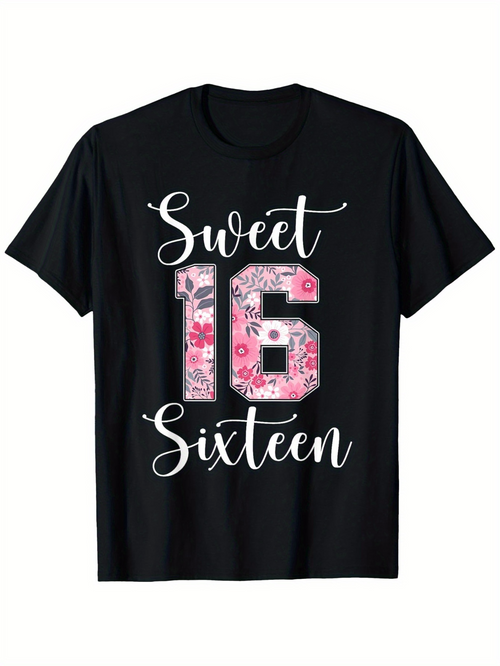 Men's Graphic T-Shirt Sweet Sixteen Pink Floral Pattern With Decorative Numbers Celebration