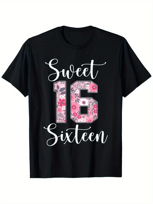 Men's Graphic T-Shirt Sweet Sixteen Pink Floral Pattern With Decorative Numbers Celebration