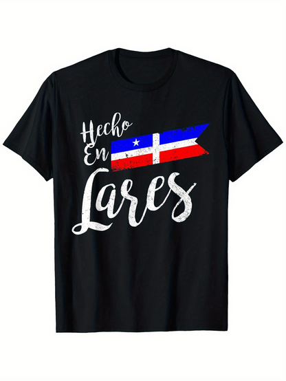 Men's Graphic T-Shirt Handwritten White Script With Colorful Flag Design Over Black Shirt