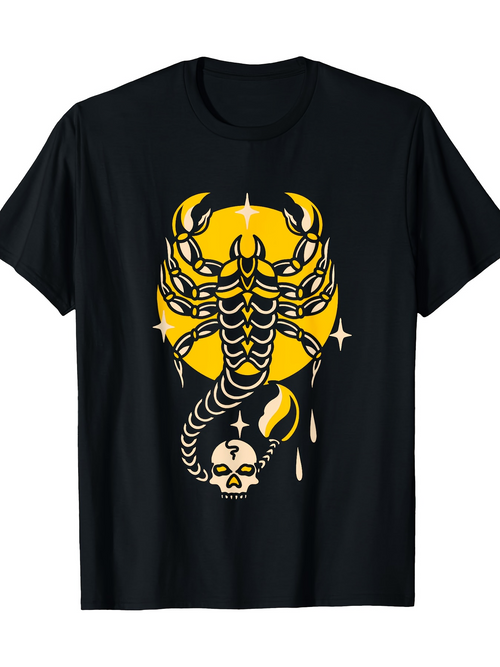 Men's Graphic T-Shirt Golden Scorpion With Skull Under Bright Yellow Circle