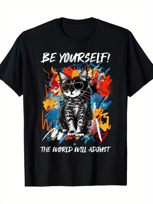 Men's Graphic T-Shirt Be Yourself Colorful Graffiti With Sunglasses Artistic Cat
