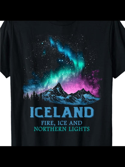 Men's Graphic T-Shirt Iceland Fire Ice And Northern Lights Over Snowy Aurora Mountain