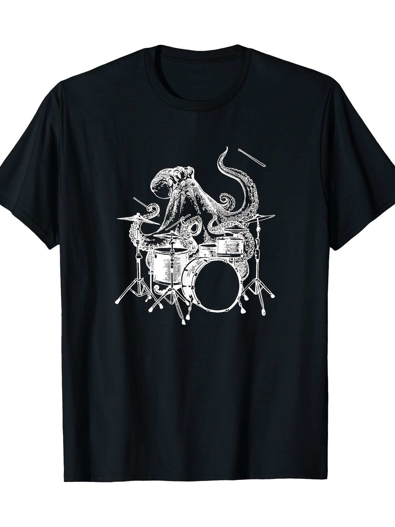 Men's Graphic T-Shirt Detailed Octopus Surrounded By Cymbals And Sticks Playing Drum Set