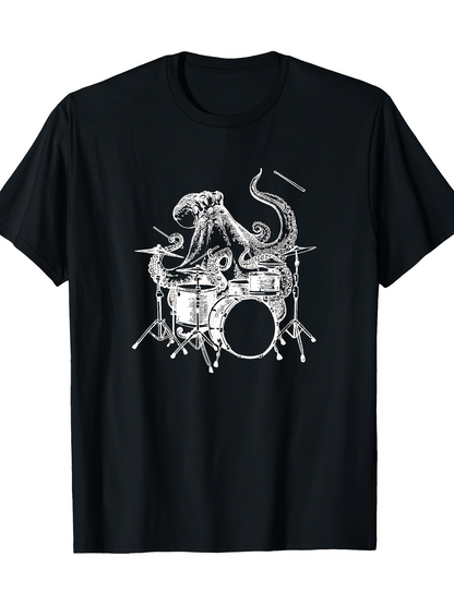 Men's Graphic T-Shirt Detailed Octopus Surrounded By Cymbals And Sticks Playing Drum Set