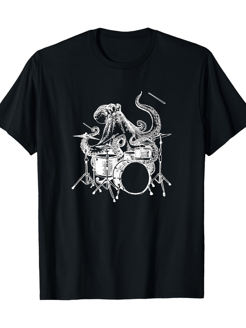 Men's Graphic T-Shirt Detailed Octopus Surrounded By Cymbals And Sticks Playing Drum Set