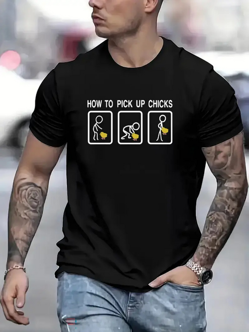 Men's Graphic T-Shirt How To Pick Up Chicks Stick Figures With Carton Eggs Humorous Black Shirt