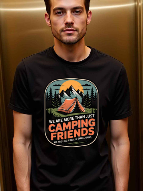 Men's Graphic T-Shirt We Are More Than Just Camping Friends Under Mountain Sunset With Pine Trees Tent