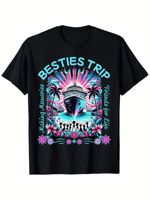 Men's Graphic T-Shirt Besties Trip With Palms Sunset And Cruise Ship Graphic