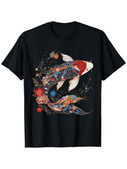Men's Graphic T-Shirt Colorful Swirling Water With Floral Patterns Surrounding A Japanese Koi Fish