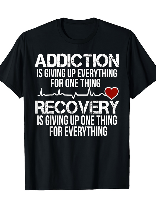 Men's Graphic T-Shirt Addiction Recovery Heartbeat Red Heart Clean Black Shirt