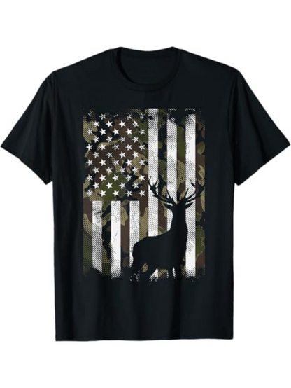 Men's Graphic T-Shirt Camo American Flag With Summer Forest Silhouette Majestic Standing Deer