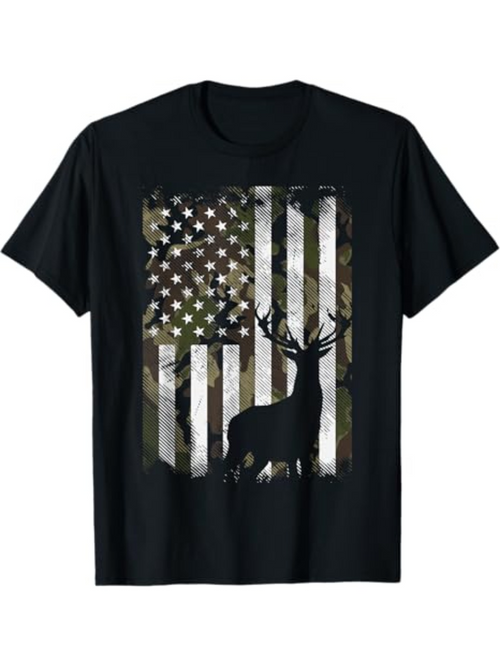 Men's Graphic T-Shirt Camo American Flag With Summer Forest Silhouette Majestic Standing Deer