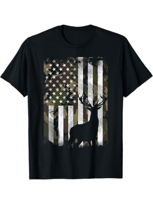 Men's Graphic T-Shirt Camo American Flag With Summer Forest Silhouette Majestic Standing Deer